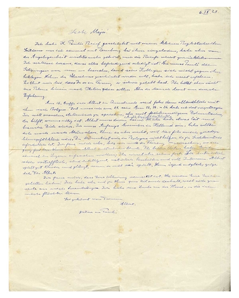Albert Einstein Autograph Letter Signed From 1921, Regarding Anti-Semitism in Germany -- ''...I am supposed to go to Munich, but I will not do that, because this would endanger my life right now...''